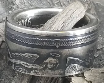 2015 Archangel Michael slaying the Beast!  (coin from Isle of Man) 1 Troy Ounce .999 Pure Fine Silver - Heavy Ring - US Size 3-18