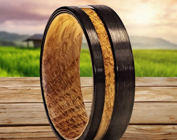 8mm Whiskey Barrel Wood Inlay Ring, Tungsten Ring, Black Brushed Finish, Couple Ring, Sizes-7-13.