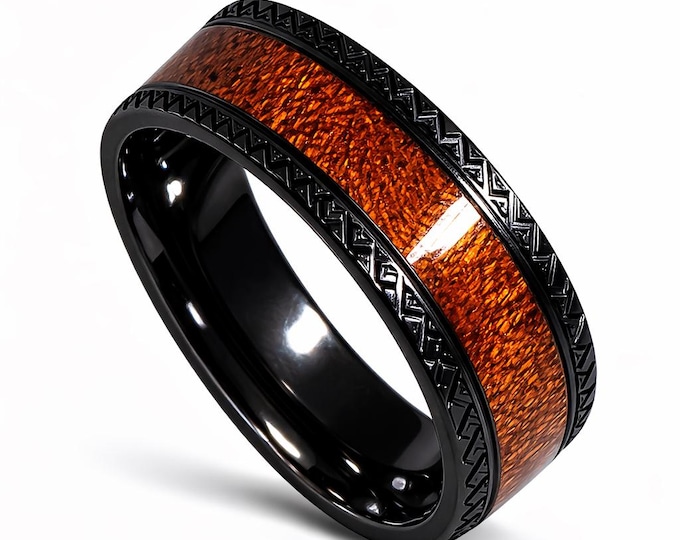8mm Real Hawaiian KOA Wood Inlay over Braided Style Black Titanium Sides & Comfort Fit, Men's Wedding Band (US SIZE 7-15)