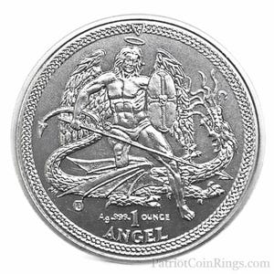 The image is a silver coin featuring an angelic figure with wings and a shield, holding a sword and shield, surrounded by a dragon. The coin has the text "ANGEL" and "1 OUNCE" printed on it.