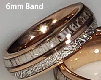 6mm Antler & Meteorite in 14K Rose Gold Tungsten (US Sizes 5-14) Wedding Band, Anniversary Rings, Men's Fashionable Ring