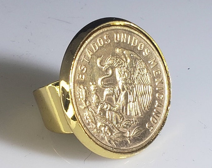 1962-1982  50 CENTAVOS- MEXICAN Flat Coin Ring (Adjustable Open Band w/ Straight Wall)  (24K Gold, Natural Silver or Antique Patina Finish).