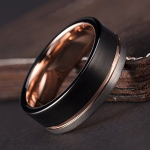 8mm US Ring Sizes 5-16 Black & Silver Brushed Tungsten Carbide w/ 18k Rose Gold Wedding Band Men's Wedding Bands, Engagement Rings, image 4