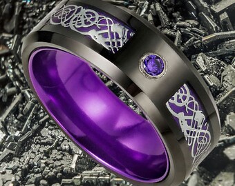 8mm Purple Carbon Fiber Ring, Black Tungsten Carbide Wedding Ring, Silver Celtic Dragon, Purple Cubic Zirconia, US Sizes 7 to 13.