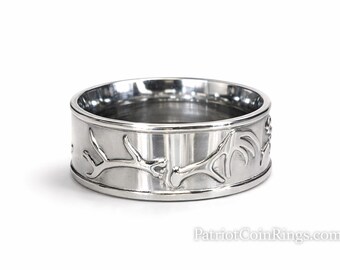 8mm ANTLER & DEER TRACKS w/ Comfort Fit Inner-band - High Polished (Wedding Ring, Engagement Ring, Anniversary Gift, Dad) Ring Sizes 5-19