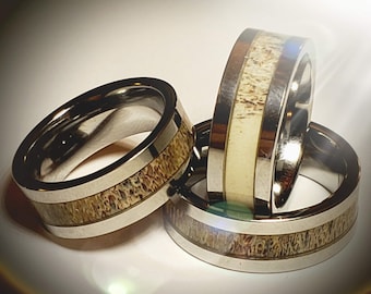 8mm Tungsten Flat Wall Ring Deer Antler Inlaid Wedding Band Flat Band Size 8-16 Mens / Womens (unisex ring) engagement, promise