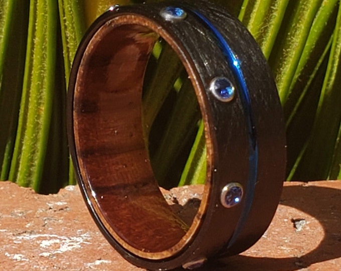 Custom Designed Ring Order for Cristy - 8mm Black Zirconium, Sapphire Blue CZ, Blue Channel, Comfort Fit, Wood Innerband