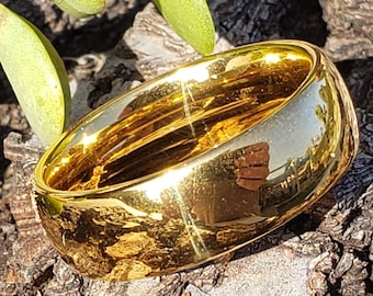 8MM Tungsten Carbide 18K Yellow Gold Classic Dome w/ Comfort Fit Ring Size 4 to 15 ( Mens & Womens Engagement Wedding Band )