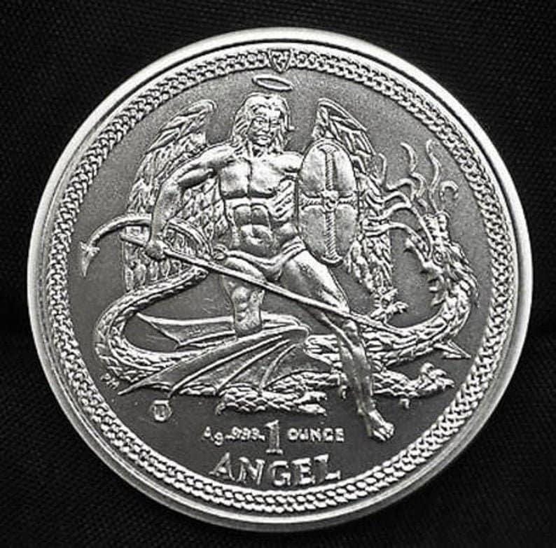 a silver coin with an image of a man holding a sword