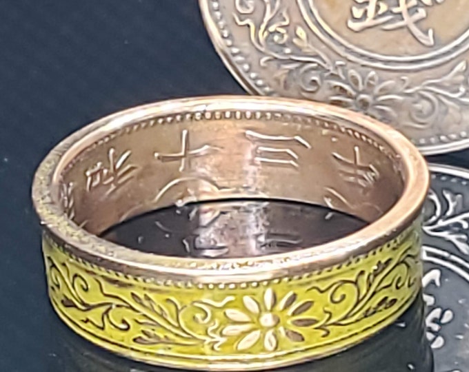 6mm Coin Ring (Bronze & Lemon Yellow), Japanese Jewelry, Floral Cherry Blossom Coin Ring, Paulownia 1 Sen 1916-1938 (US Size 3-14)