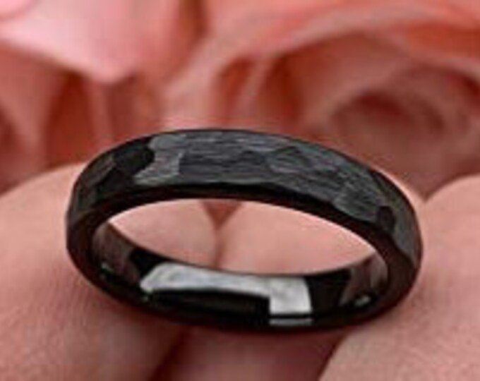 4mm Black Hammered Tungsten Carbide Ring, Wedding, Engagement, Domed, Matte Finish,Unisex Ring,Comfort Fit, US Sizes-5-11.