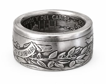 Rare 1974 Silver Dominican Republic Un Peso "DIOS PATRIA LIBERTAD" Heritage Coin Ring (12th Central American Caribbean Games) Wide Band Ring