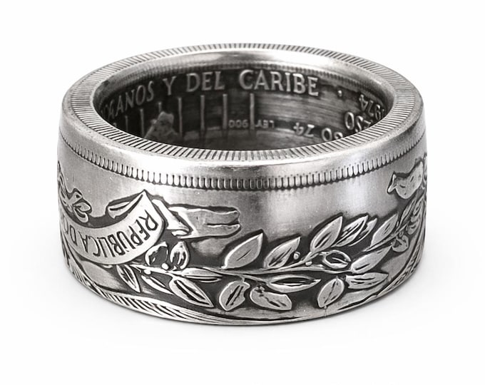 Rare 1974 Silver Dominican Republic Un Peso "DIOS PATRIA LIBERTAD" Heritage Coin Ring (12th Central American Caribbean Games) Wide Band Ring