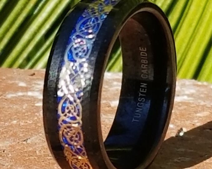 8mm Black Tungsten Carbide w/ Gold Celtic Dragon over Sapphire Blue Carbon Fiber Wedding Band (Good Luck Ring) US Ring Size 4-11