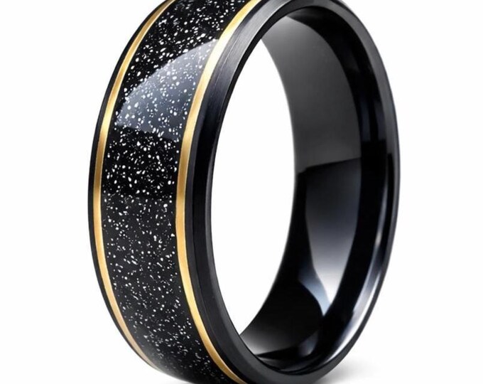 8mm Comfort Fit Black Tungsten Carbide Band with Rose Gold Accents, "Domed Wall" Black Shimmering Hawaiian Sand (US Ring Sizes 13.5-18.0)