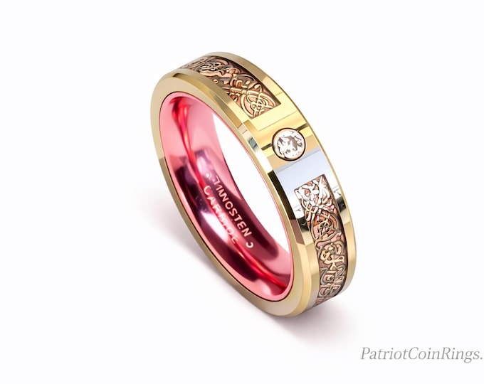 BREAST CANCER AWARENESS Ring, 5mm Pink Carbon Fiber and Silver Celtic Ring, Silver Tungsten Carbide, Pink Cubic Zirconia.