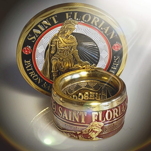 St. Florian Patron Saint of Firefighters | converted challenge Coin Ring! Powder Coated Red & Brass Option! LAFD, NYFD, military, rescue
