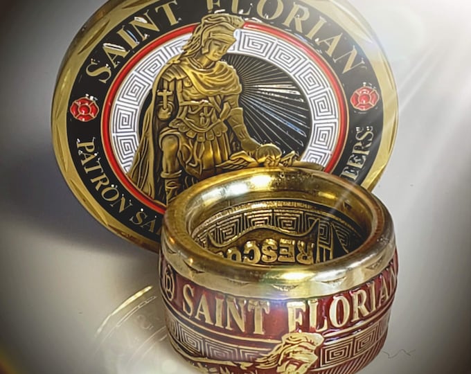 St. Florian Patron Saint of Firefighters | converted challenge Coin Ring! Powder Coated Red & Brass Option! LAFD, NYFD, military, rescue