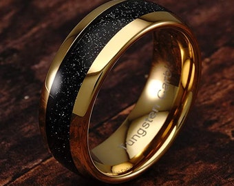 8mm Hawaiian Black Sand Inlaid into 18k Yellow Gold Tungsten Dome Ring!  Unisex for Mens  Wedding Band, Honeymoon, Anniversary (Size 4-18)