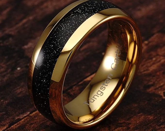 8mm Hawaiian Black Sand Inlaid into 14k Yellow Gold Tungsten Dome Ring!  Unisex for Mens  Wedding Band, Honeymoon, Anniversary (Size 4-18)