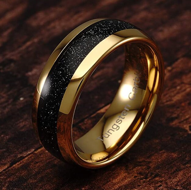 8mm Hawaiian Black Sand Inlaid into 14k Yellow Gold Tungsten Dome Ring ...