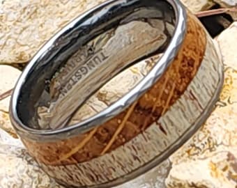 THE HUNTER Ring: 10mm wide White Tail Deer Antler & Whiskey Barrel Wood over Tungsten sporting thin Hammered sides and Comfort Fit innerband