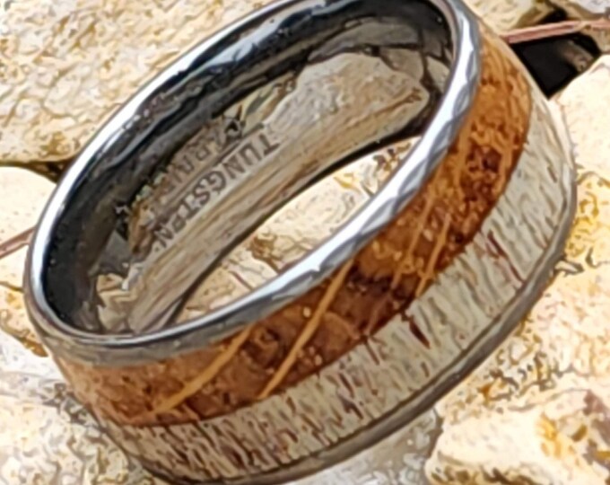 THE HUNTER Ring: 10mm wide White Tail Deer Antler & Whiskey Barrel Wood over Tungsten sporting thin Hammered sides and Comfort Fit innerband