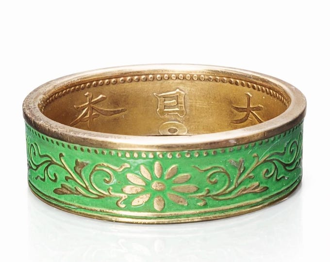 6mm Coin Ring (Bronze & Meadow), Japanese Jewelry, Floral Cherry Blossom Coin Ring, Paulownia 1 Sen 1916-1938 (US Size 3-14)