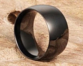 12mm Classic Black Titanium Stainless Steel Ring Wedding Engagement Domed High Polished Band w/ Comfort Fit (Mens / Mans / Ladies / Womens)