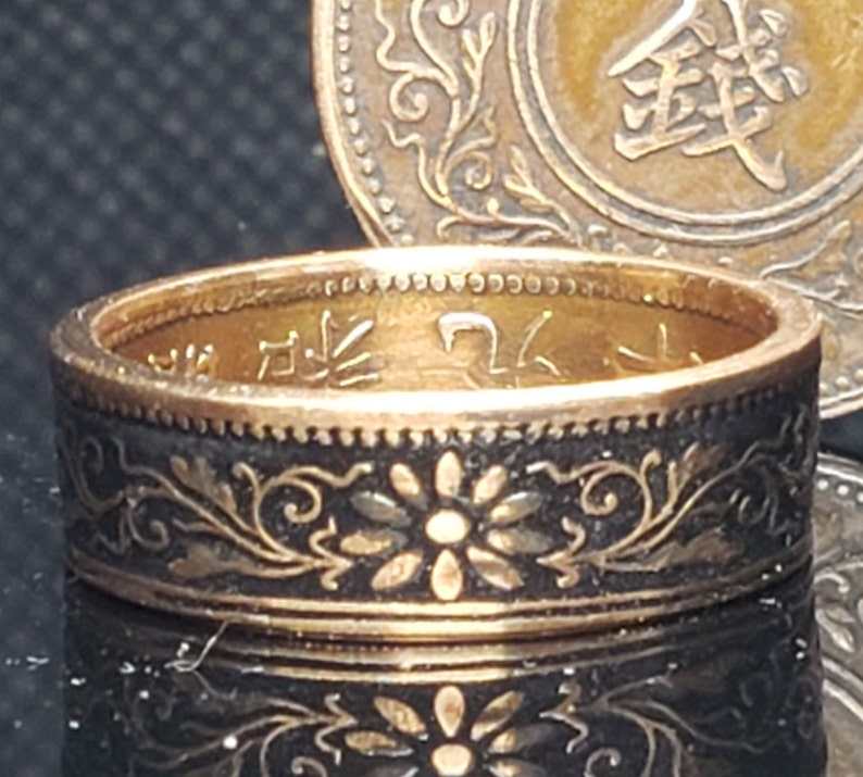 6mm Coin Ring Bronze & Gloss Black, Japanese Jewelry, Floral Cherry Blossom Coin Ring, Paulownia 1 Sen 1916-1938 US Size 3-14 image 1
