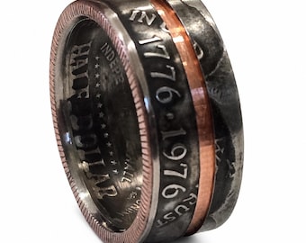 1776-1976 Bicentennial Coin Ring in Antique Patina and copper channel (Sizes 7-15)