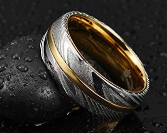 8mm Hand Forged Damascus Steel Men's Wedding Ring, Gold & Silver Finished, Wood Grain, Comfort Fit, Engagement, Anniversary, Christmas Ring.
