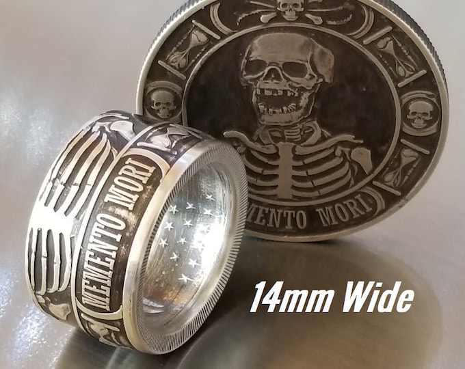 14mm WIDE .9999 Pure Silver Memento Mori (Day of the Dead) Celebration Coin Ring.  Day of Remembrance for loved ones and to Cherish Life!