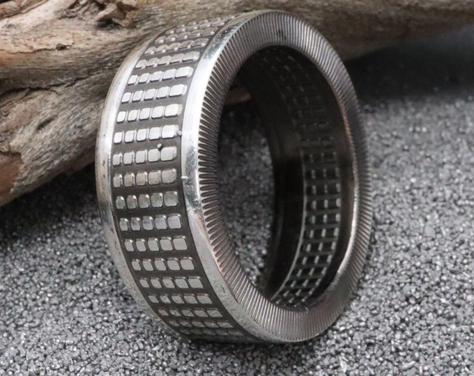 Geometric Radial Coin Ring (Black Rhodium & Silver Two-Tone) Hand forged from a Solid Silver Radial Bullion Round Coin (US Sizes 5-23)