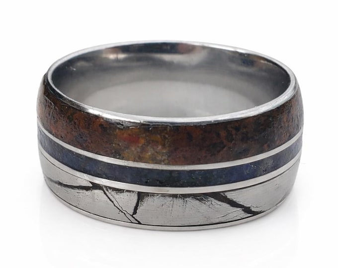 10mm Authentic Seymchan Meteorite, T-Rex Dinosaur Bone, Comfort-Fit Titanium Band w/ Thin Blue Line of crushed natural lapis lazuli Stone!