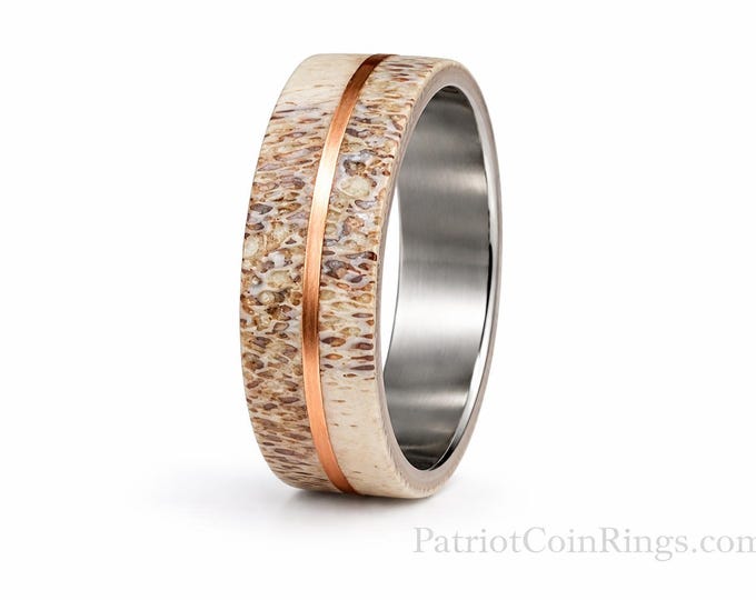 8mm Rocky Mountain Bull ELK Antler w/ Copper Bullet Inlay & CP2 Gunmetal Gray Brushed Titanium Innerband (US Sizes 5-15)