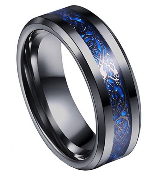 8mm Black Titanium Band With Black Over Blue Celtic Dragon