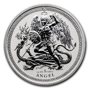 a silver coin with an angel on it