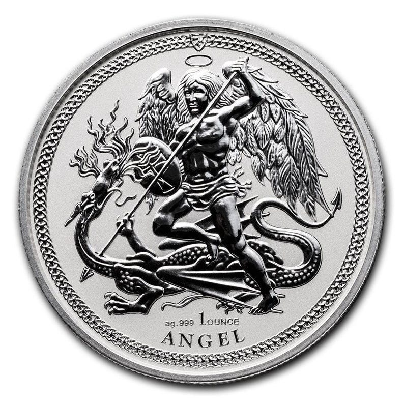a silver coin with an angel on it