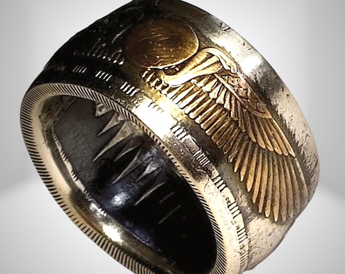RARE 1955-56 Egyptian Sun God Ra 25 Qirsh Commemorative Piastres Coin Ring, 9.5-10mm wide, .720 Silver, Anniversary, Birthday, Heritage Ring