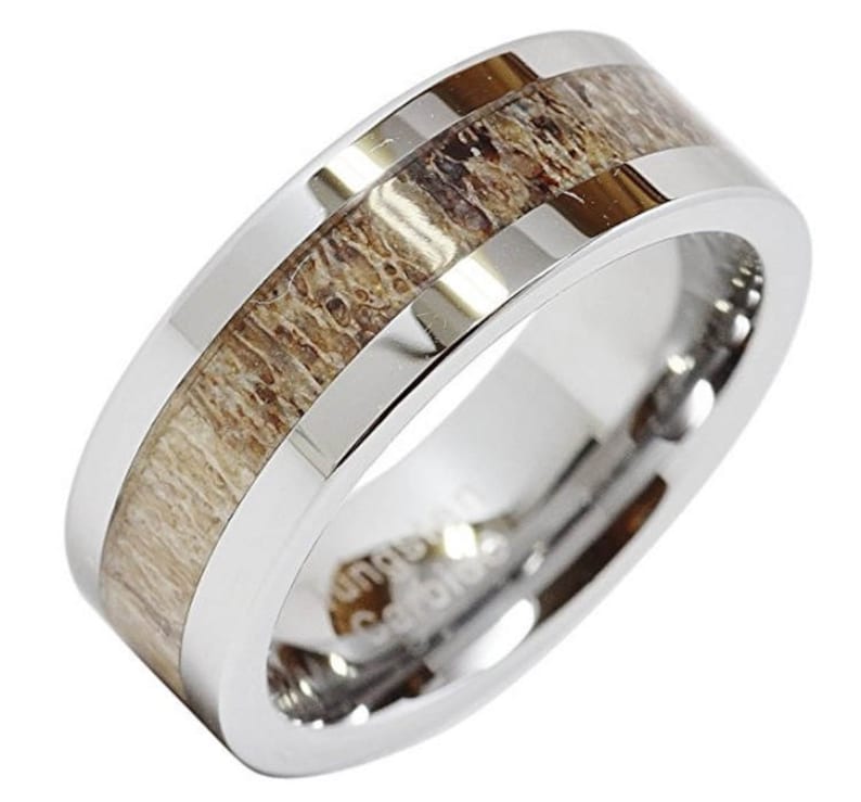 REG 379.00 8mm Tungsten Flat Wall Ring Deer Antler Inlaid