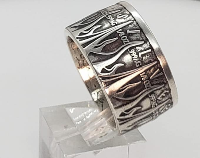 FLAMES FACING OUT!  Silver "Pieces of Eight," Spanish Dollar - A Predatory World - 999 Pure Silver Coin Ring (pirates of the Caribbean)