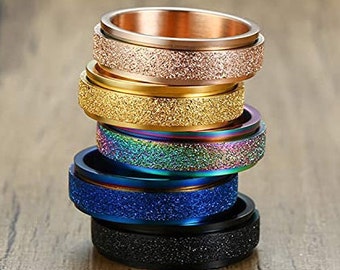 Six (All 6 Rings) 6mm Stainless Steel, Sand Blast Fidget Rings, Anxiety Free Rings (Colors: Blue, Black, Gold, Rose Gold, Rainbow) Size 6-12