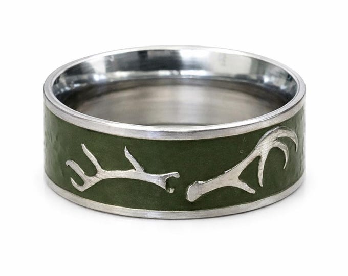 8mm ANTLER & DEER TRACKS w/ Comfort Fit Inner-band, High Polished (Wedding Ring, Engagement Ring, Anniversary Gift, Dad), Ring Sizes 5-19.