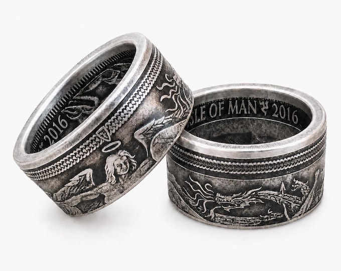 2016 Archangel Michael slaying the Beast!  (coin from Isle of Man) 1 Troy Ounce .999 Pure Fine Silver - Wedding Band US Ring Size 3-18