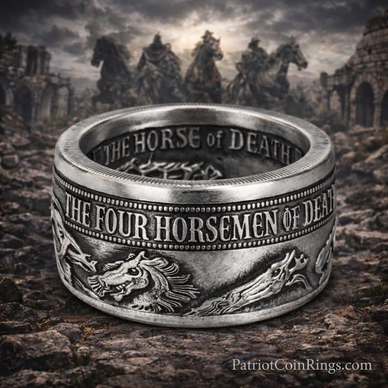 a silver ring with a detailed design, including a horse and a dragon, set against a dark, rocky background with a castle-like structure in the distance.