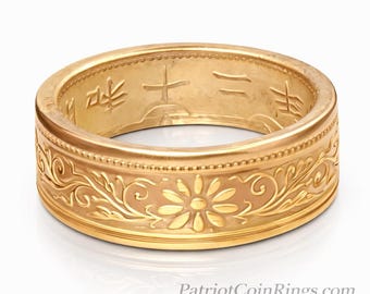 6mm Coin Ring (Bronze & Transparent Candy Gold), Japanese Jewelry, Floral Cherry Blossom Coin Ring, Paulownia 1 Sen 1916-1938 (US Size 3-14)
