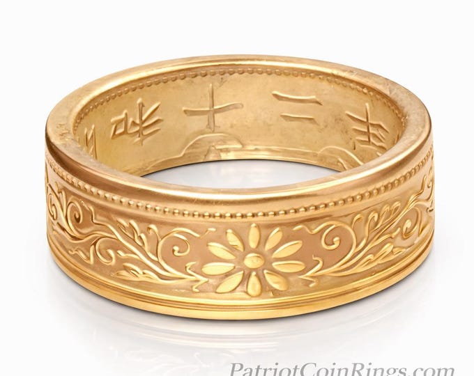 6mm Coin Ring (Bronze & Transparent Candy Gold), Japanese Jewelry, Floral Cherry Blossom Coin Ring, Paulownia 1 Sen 1916-1938 (US Size 3-14)