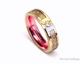 BREAST CANCER AWARENESS Ring, 5mm Pink Carbon Fiber and Silver Celtic Ring, Silver Tungsten Carbide, Pink Cubic Zirconia.