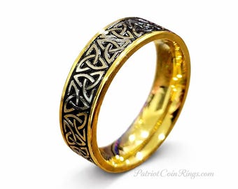8mm Celtic 18K Gold Tungsten Wedding Band - Silver Trinity over Black Men's or Women's (anniversary, engagement, fashion) US Ring Sizes 4-18